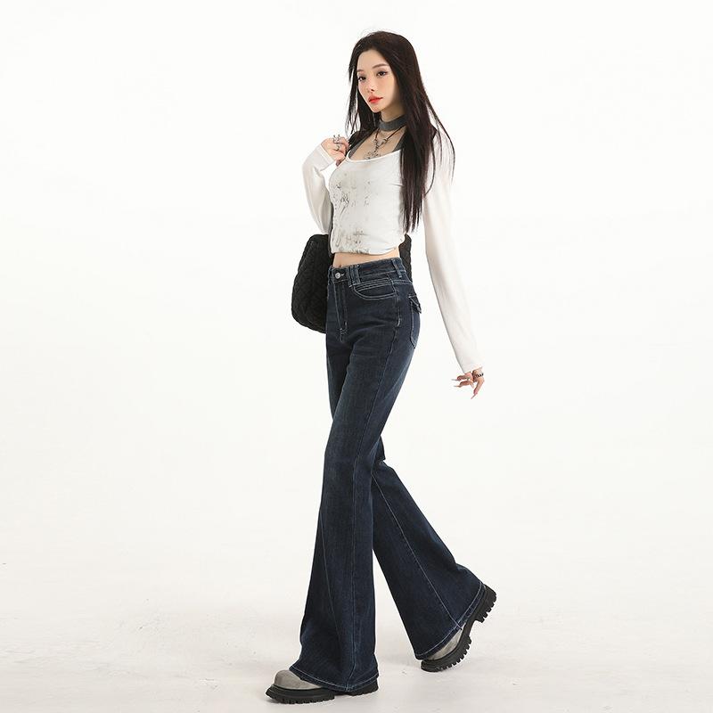 Dark blue high-waisted slightly pulled jeans women's American non-stick leg elastic Spice girl straight-leg flared pants