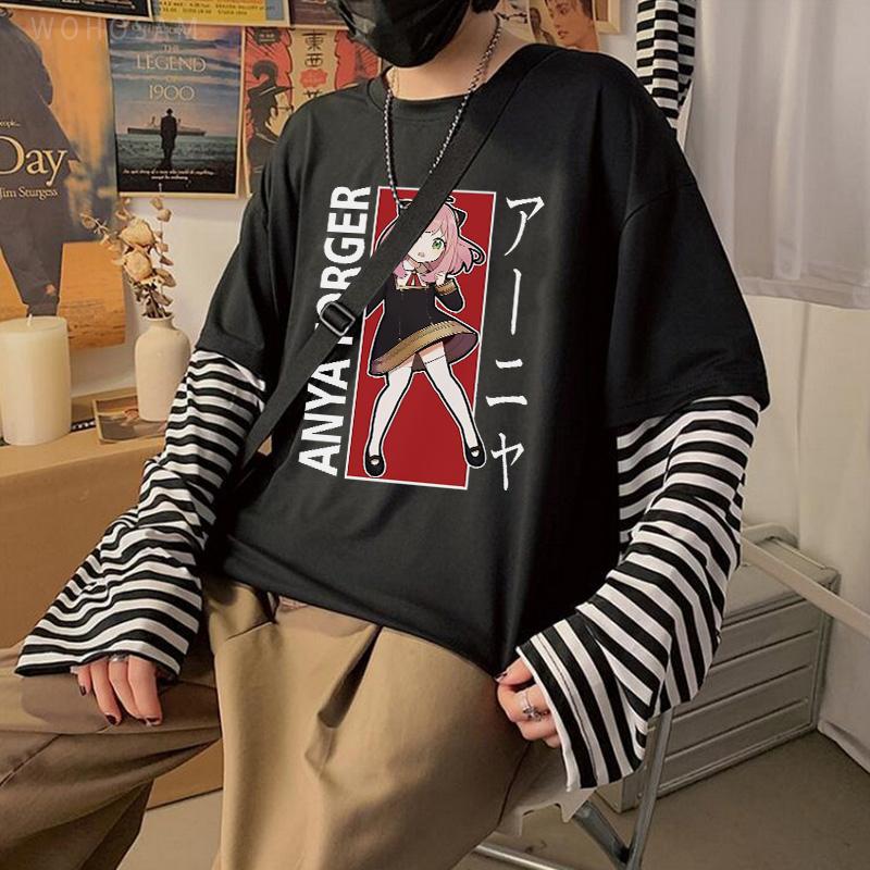 2023 Hot Japanese Anime Spy X Family T shirt Kawaii Girl Cartoon Anya Forger For Women Summer Unisex Long Sleeve Striped T-shirt