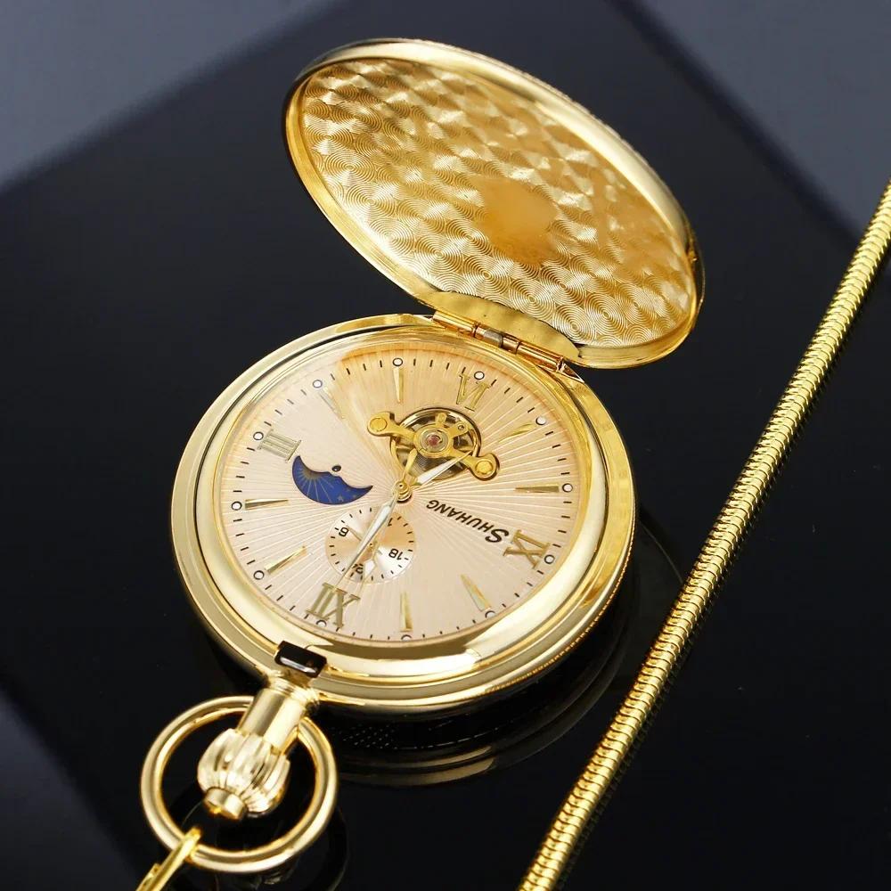 Classic Ornately Carved Golden Mechanical Pocket Watch Gold Pendant Gold Plated Dial Ladies Pendant Necklace Men's Watches Gifts