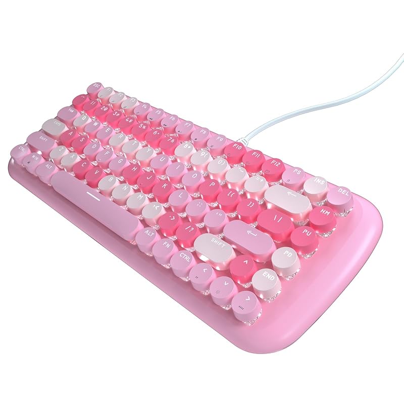 

cute ladies wired keyboard portable 84 key colorful round keycaps typewriter style English sequence pink axis (pink)