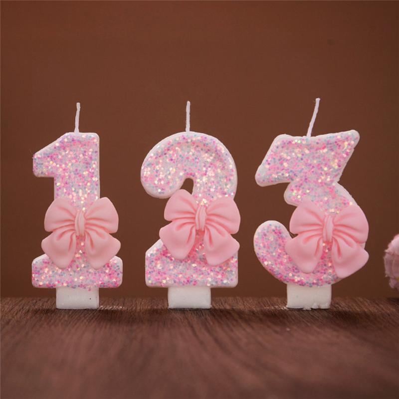 M-Modern-Number Cake Decorating Candles Cute Pink Bow Baby Girl Birthday Cake Topper Decoration Party Supplies 0-9 Digital Candl