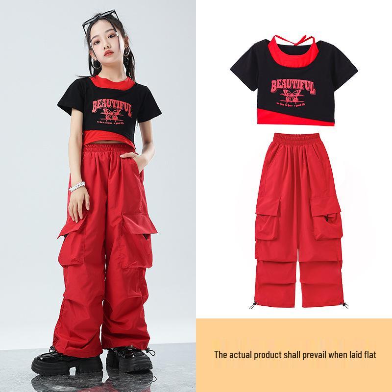 Kids' Hip Hop Dance Outfit: Boys' Trendy Set & Girls' Crop Top with Cargo Pants - Summer Jazz Performance Wear