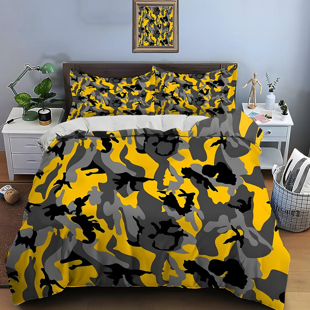 Yellow Background with Black-gray Camouflage Bedding Set for Kids Luxury Gift 3pcs Digital Print Comforter Set Soft Comfortable