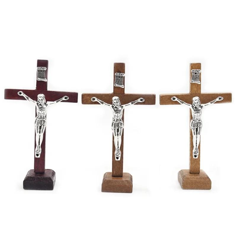 1 Stück Holzkreuz mit Jesusfigur Katholisch mit Ständer Vintage Religiös Christlich Stehendes Kruzifix Kirche Haus Regal Tischplatte Verzierungen