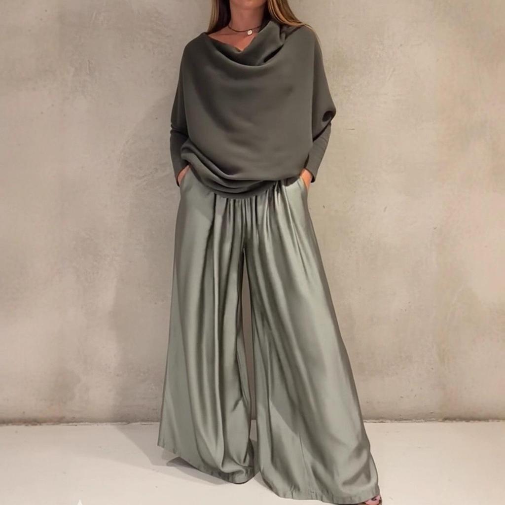 2026 Elegant Off-the-Shoulder Top & Satin Wide-Leg Pants Set