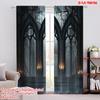 2Pcs 2D Flat printingHorror House Curtain Halloween Historical Gate Gothic Curtain Candles View For Bedroom Living Room And