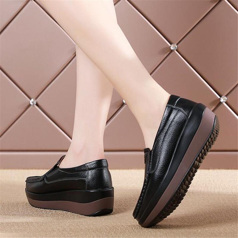 Fashion Spring Autumn Women Loafers Flats Ladies Genuine Leather Moccasins Slip-on Casual Round Toe Handmade Platform Wedges Shoes