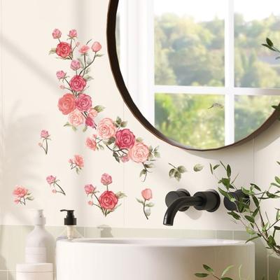 Flower Wall Sticker Colorful Mural Waterproof Self Adhesive Removable Beautify DIY Rose Flower Decal Living Room Background Mirror Decor Art Craft
