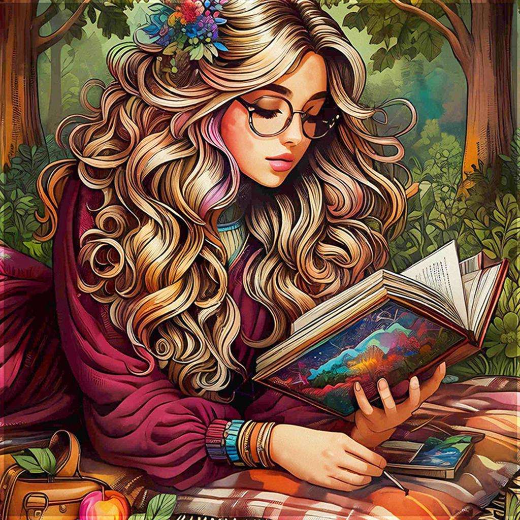 Reading Girl 5D DIY Full Square Drill Diamond Art Kit for Adults Beginners Home Decor Diamonds Paintings Gem Art 17.72x17.72in