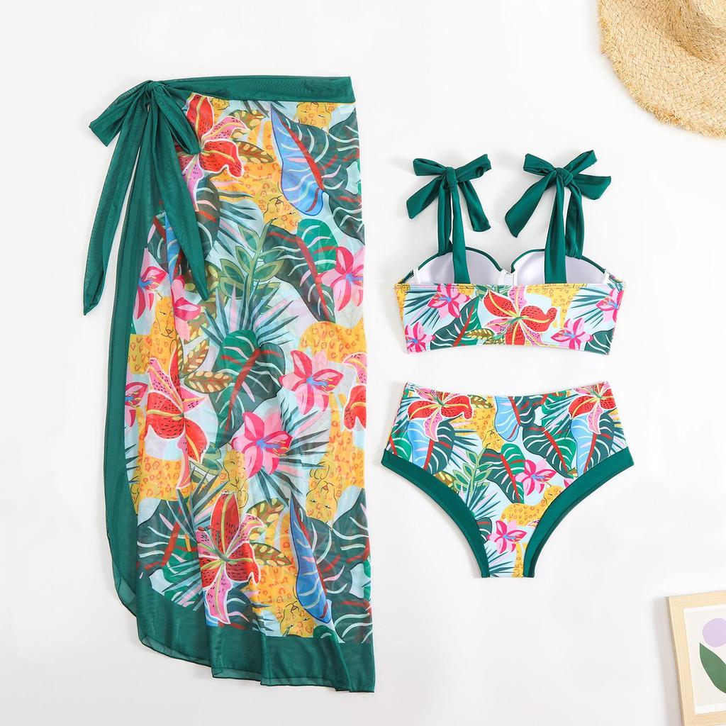 New Printed With Sarong Female Swimsuit High Waist Bikini Women Swimwear Three-pieces Bikini set Bather Bathing Suit Swim