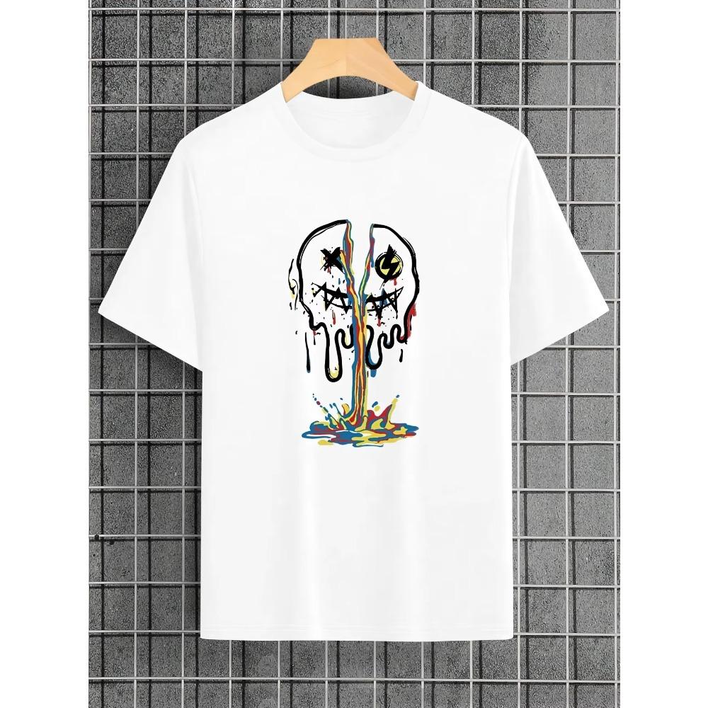 Men's Fashion Skeleton and Flower Happy Face Printed T-shirt Men's Casual Street Style Skeleton T-shirt Versatile Short Sleeve T