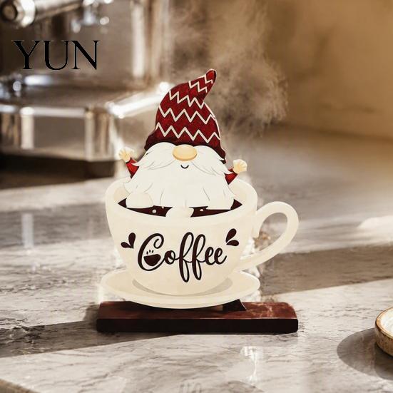 Cute Gnome Coffee Signs Bar Table Ornament, Wooden Theme Stand with Stable Tiered Tray Decor Base, Retro Farmhouse for Kitchen Station Countertop