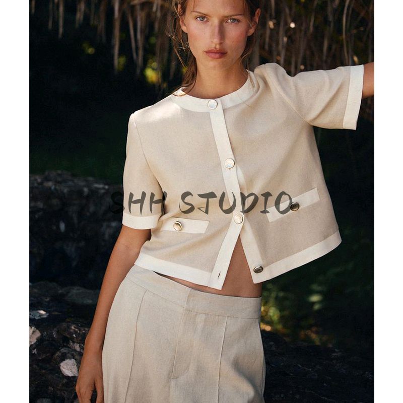 Linen Blended round Neck Short Sleeve Suit Outwear 3597998 High Waist Straight-leg Casual Pants 3723998