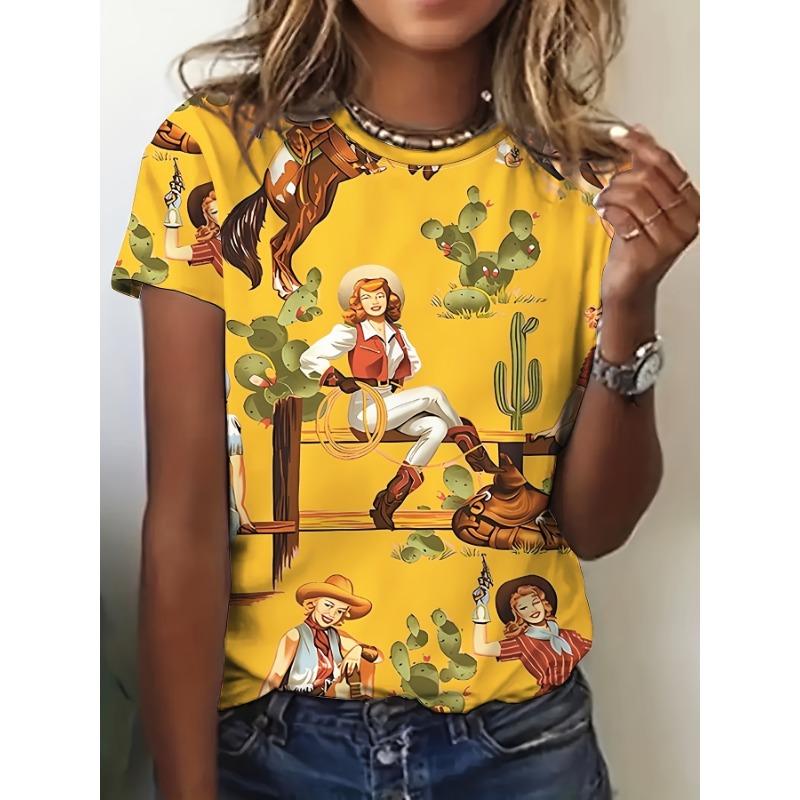 Yellow Western Women s Tee - Cowgirl & Desert Graphic, Retro Rodeo Print Design for Casual Daily Wear 5XL