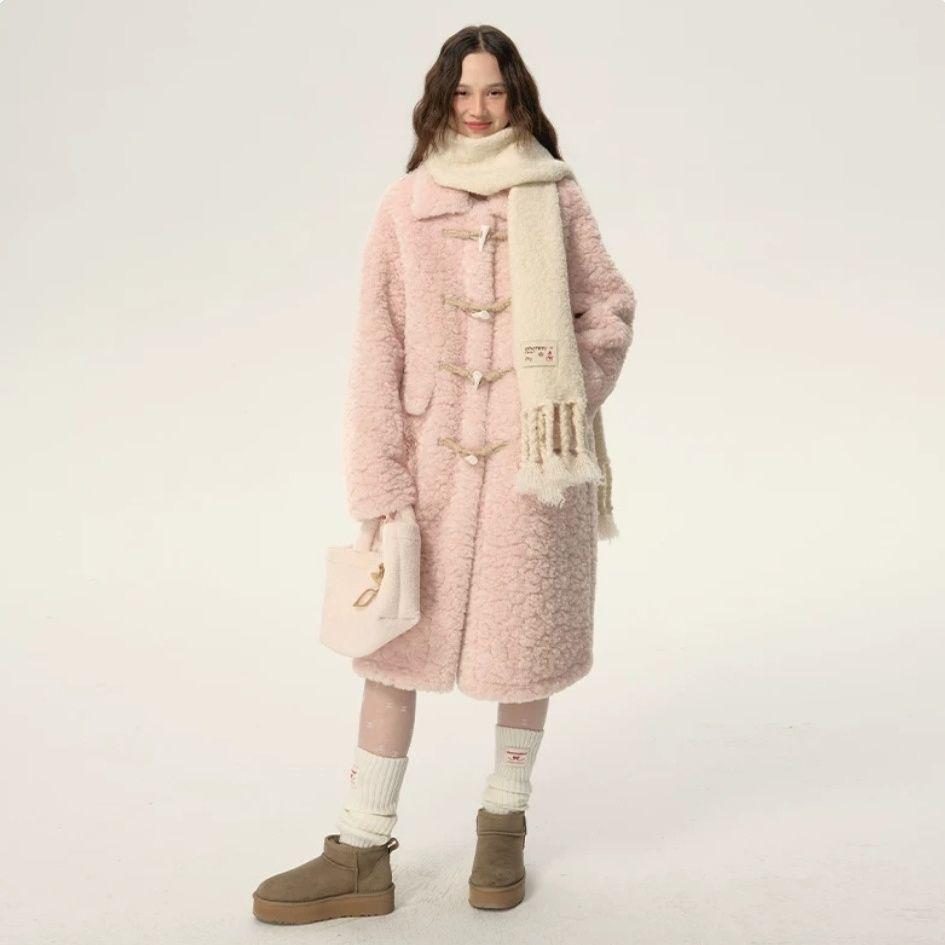 

Уютное пальто из шерсти ягненка с лацканами Wish Bear с роговыми пуговицами - Дофаминовый ленивый стиль S 54 kg