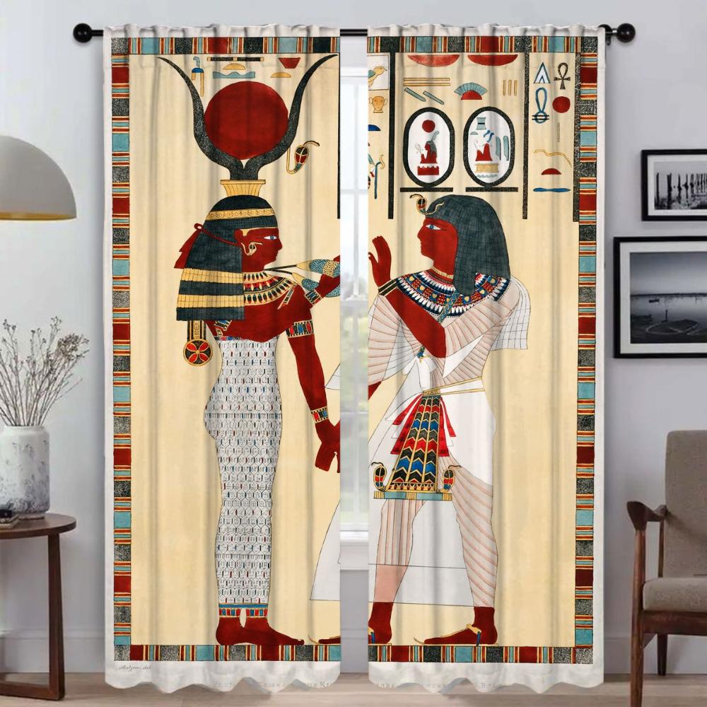 Egipskie Kamienne Statuetki Eleganckie Zasłony Pokojowe 2 Sztuki Zasłona do Salonu Domowe Zasłony Wewnętrzne na Kamerę Tiul do Sypialni