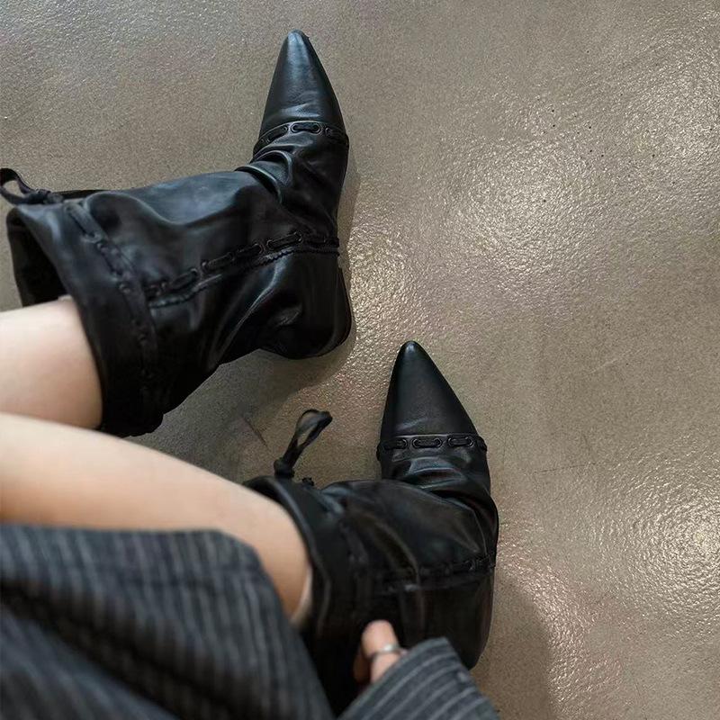 Cowhide version~ retro pleated pointed pile short boots women's 2025 new Maillard western cowboy boots Martin boots