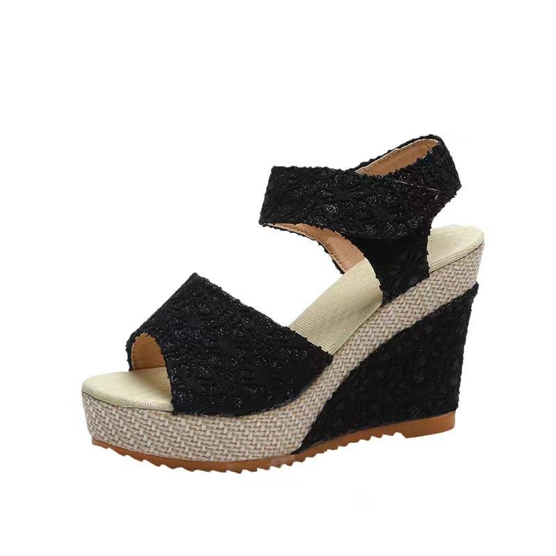 20 summer new wedge heel fish mouth sandals women's casual muffin thick-soled high-heeled Velcro women's shoes