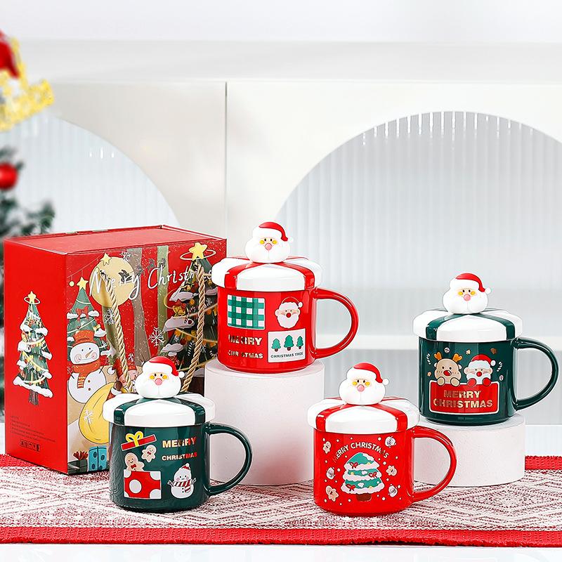 Geschenkbox-Form Keramik Santa Tasse mit Deckel Löffel niedliche Weihnachtstasse grenzüberschreitende Lieferung Kaffeetasse