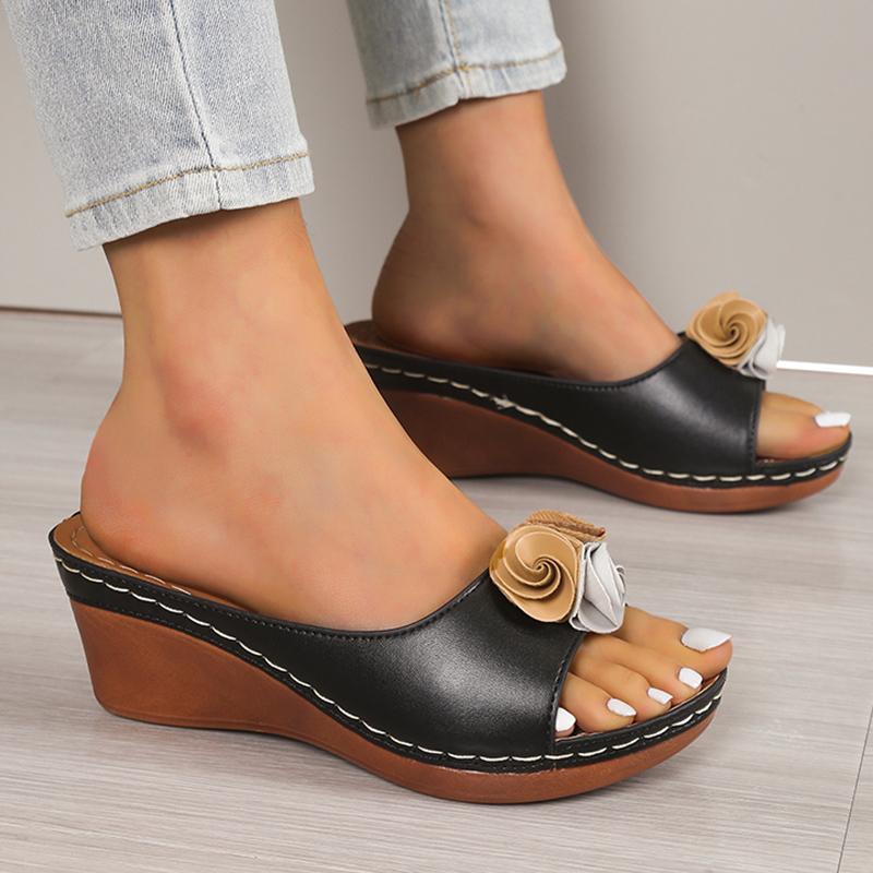 Fashion Vintage Flower Wedge Heels Sandals Women Lightweight Plus Size 36-43 Thick Sole Slippers Woman 2025 Comfortable Summer Sandles