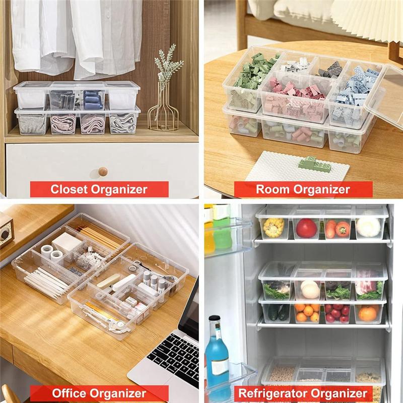 ABWR-2 Pack Divided Vegetable Trays With Lids, Compartment Refrigerator Snack Boxes, Transparent Refrigerator Storage Boxes