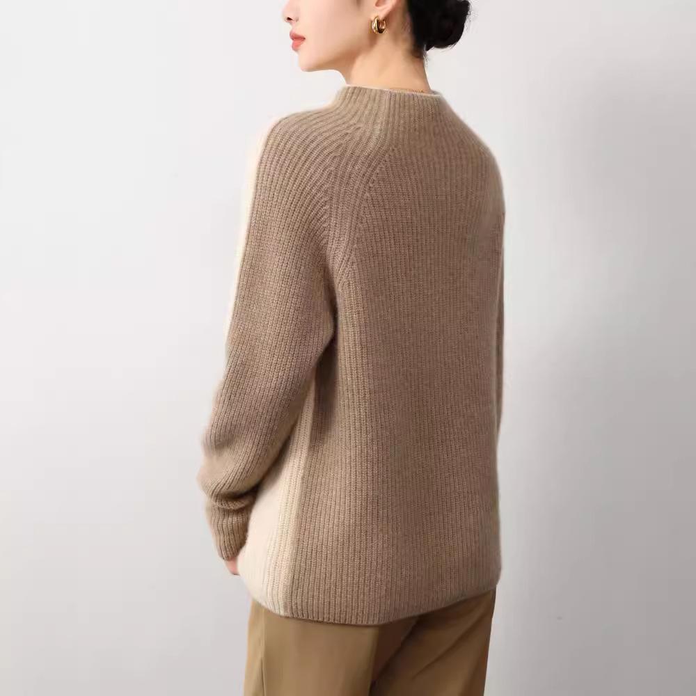 European & American Style Color Block Wool Pullover: Women's Slimming, Semi-High Neck, Autumn/Winter Fashion Knitted Sweater.