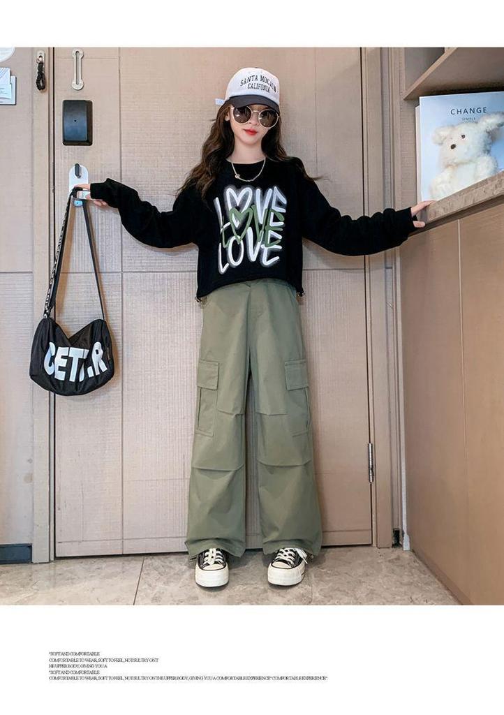 Girls' 2025 Autumn Street Style Cargo Pants Two-Piece Set for Big Kids