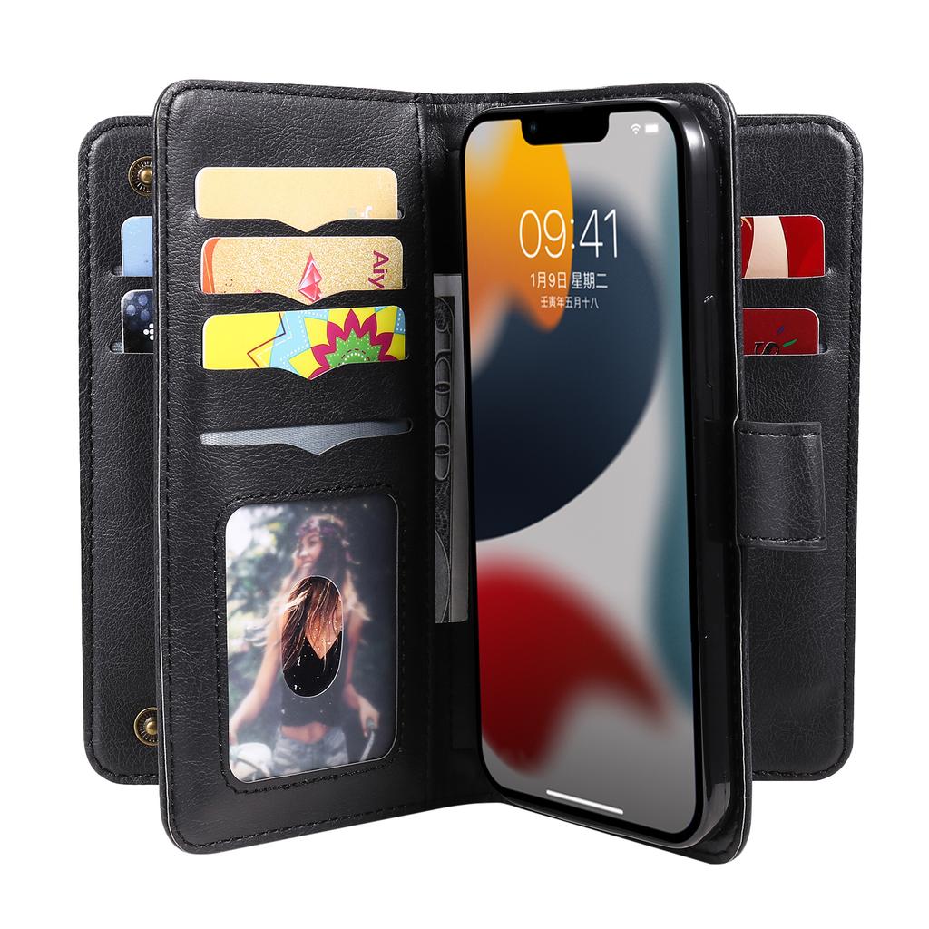 For iPhone 15 Leather Case with 10 Card Holder Phone Cover Stand