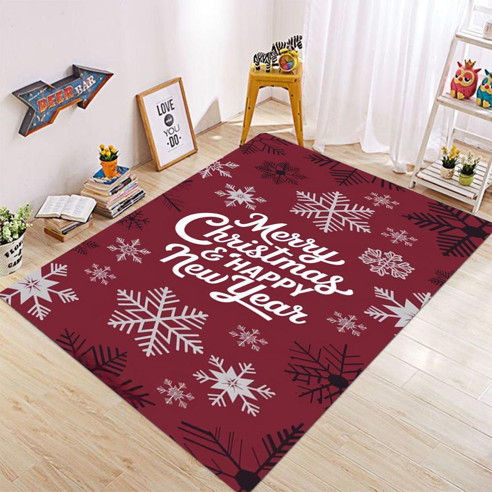 Christmas Happy New Year Elegant Calligraphy Carpet Reindeer Snowflake Rug for Home Decoration Red White Black Mat Bedroom Decor