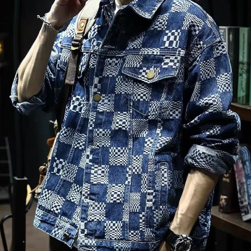 Men's Trendy Plaid Jacquard Denim Jacket - Autumn Loose-Fit, Large Size Casual Design