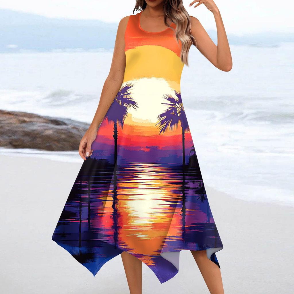 Abito midi da donna casual alla moda, con scollo rotondo, senza maniche, stampa floreale e orlo irregolare