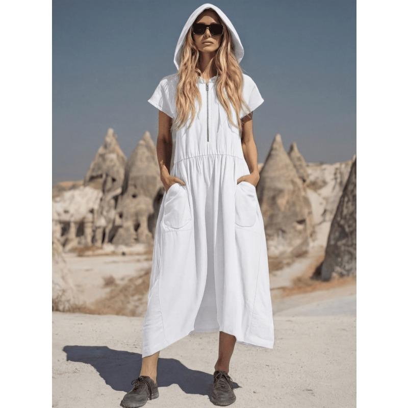 Vintage Loose Fit Hooded Half Zip Mid Length Dress With Pockets