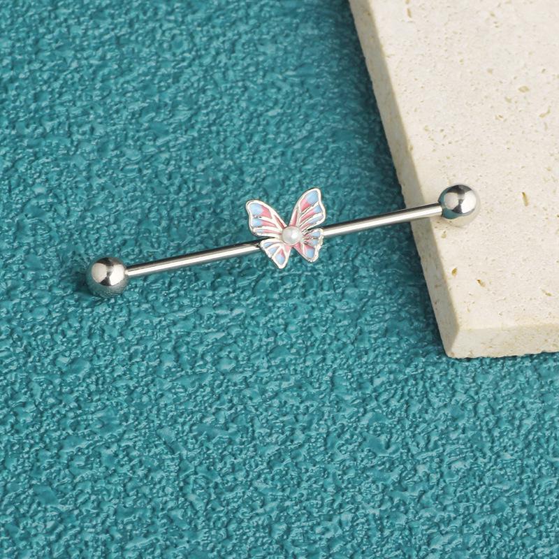 14g Industrial Barbell Pearl & Butterfly Stud Earrings with External Thread for Double Earlobe and Ear Bridge Piercing