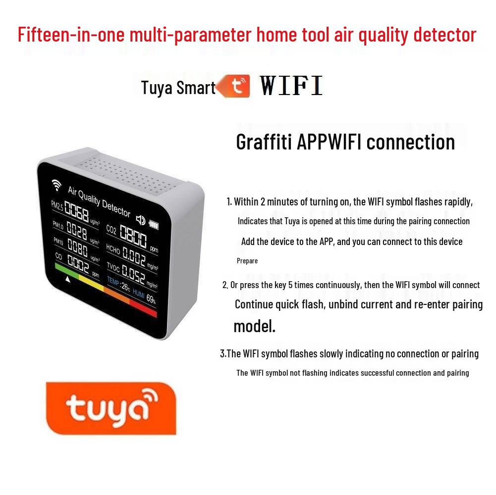 15-in-1 Smart Air Quality Detector with WiFi & Tuya App: CO2, PM2.5, Formaldehyde, TVOC, Temperature, Humidity Monitor