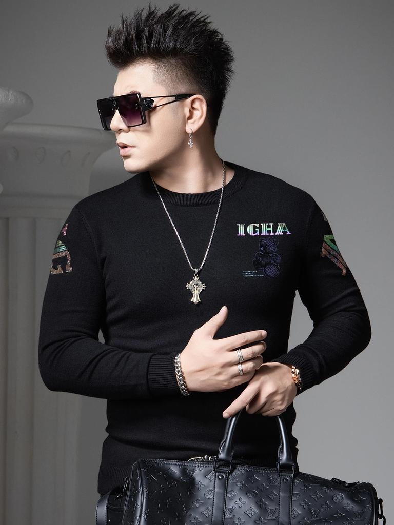 European Goods 2025 New Autumn and Winter Long-Sleeved Knitwear Men's Sweater Trendy Brand Bear Print Round Neck Sweater for Men
