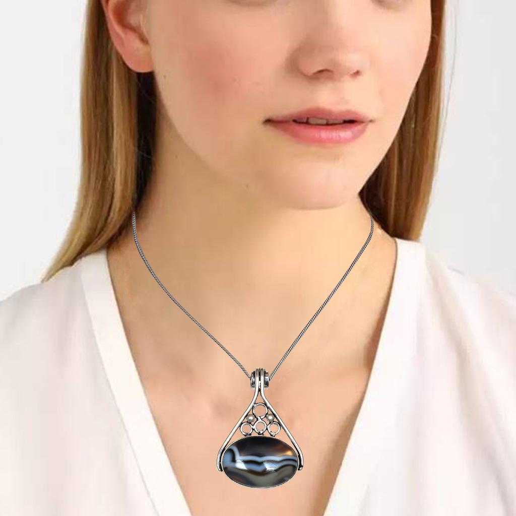 Gray Botswana Agate Gemstone Mother's Day Silver Jewelry Pendant 1.75"