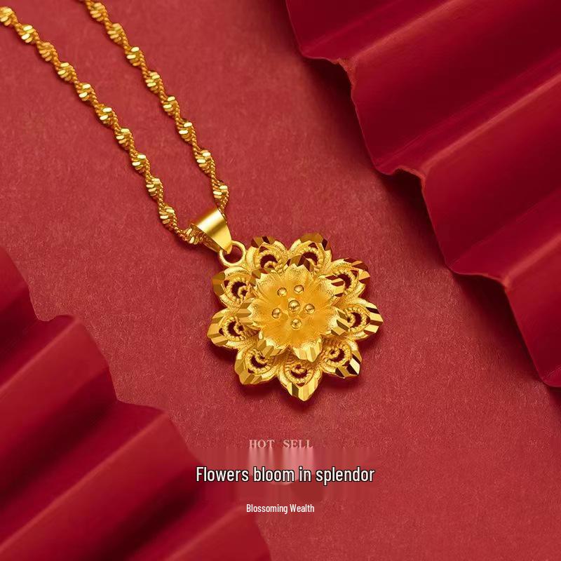 Gold Plated Brocade Flower Pendant Necklace - Double Ripple Clavicle Chain, Perfect Mother's Day Gift.