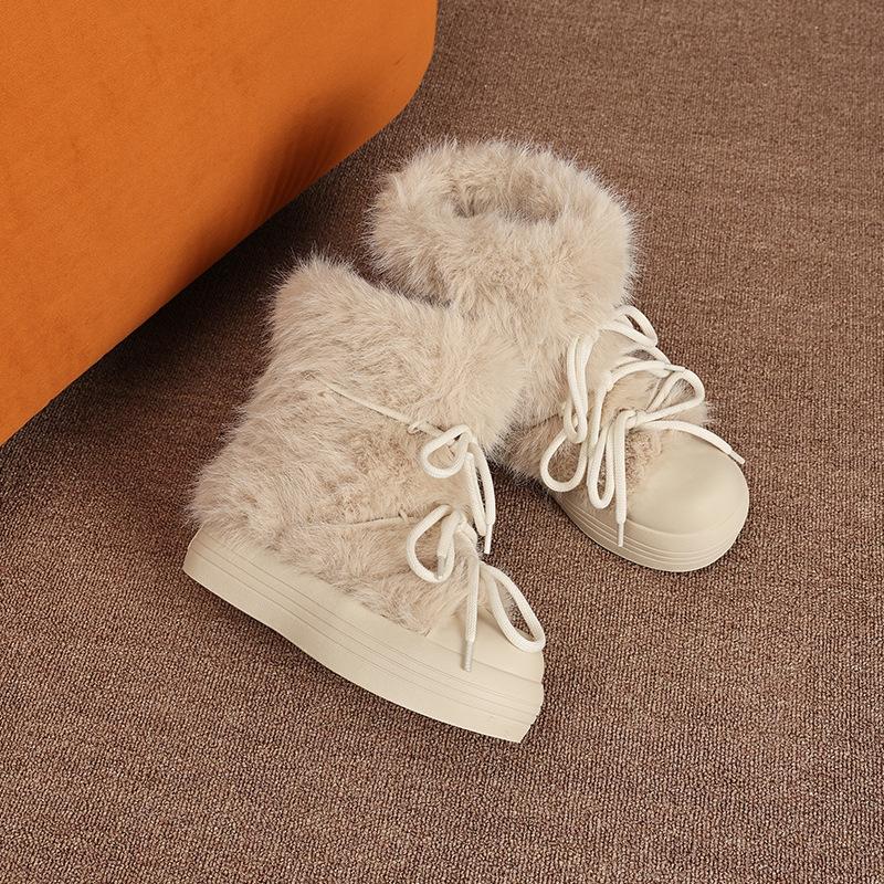 Women's thick bottom fur upper fashion winter lightweight warm anti cold snow boots non-slip casual sneakers cotton boots