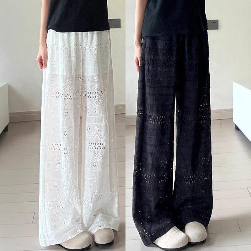 Women High Waist Hollow Out Embroidered Wide Leg Pants In Two Colors