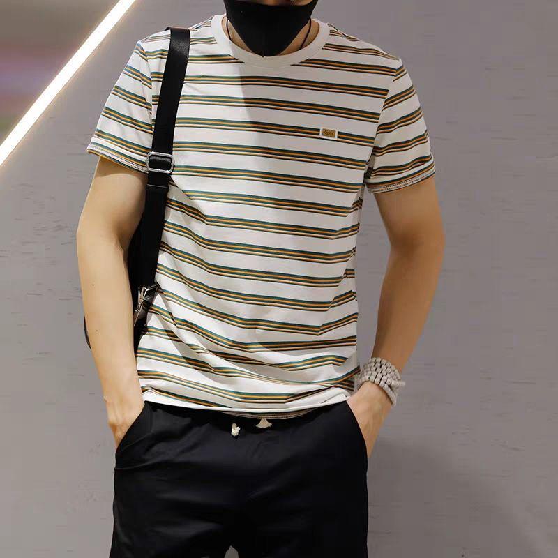 

Мужская футболка в полоску с круглым вырезом в корейском стиле, приталенная, с коротким рукавом, повседневная модная для весны/лета Extra Large белый
