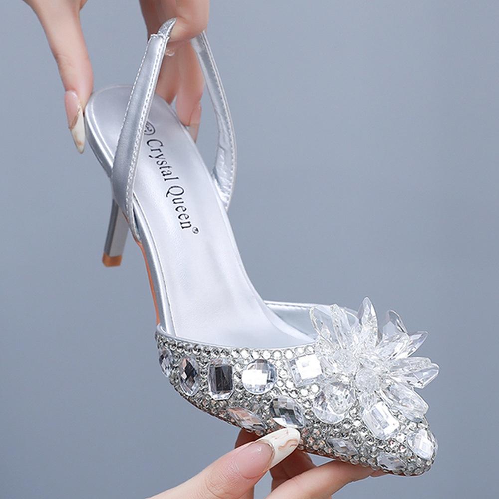 7cm Silver Light Mouth Pointed Sandals Rhinestone Glass Flower Thin Heel Sandals Large Size Wedding Shoes Bride Wedding Women's Shoes