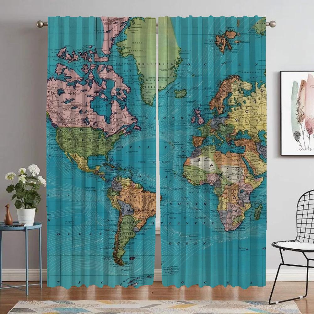 World Map Curtains for Living Room Curtain for Room 2 Panel Home Interior Curtains Partition Halloween Decoration Shades Kitchen