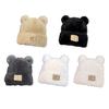 Women Knitted Hat Windproof Warm Solid Color Elastic Winter Hat Bear Ear Decor Cold Weather Plush Hat