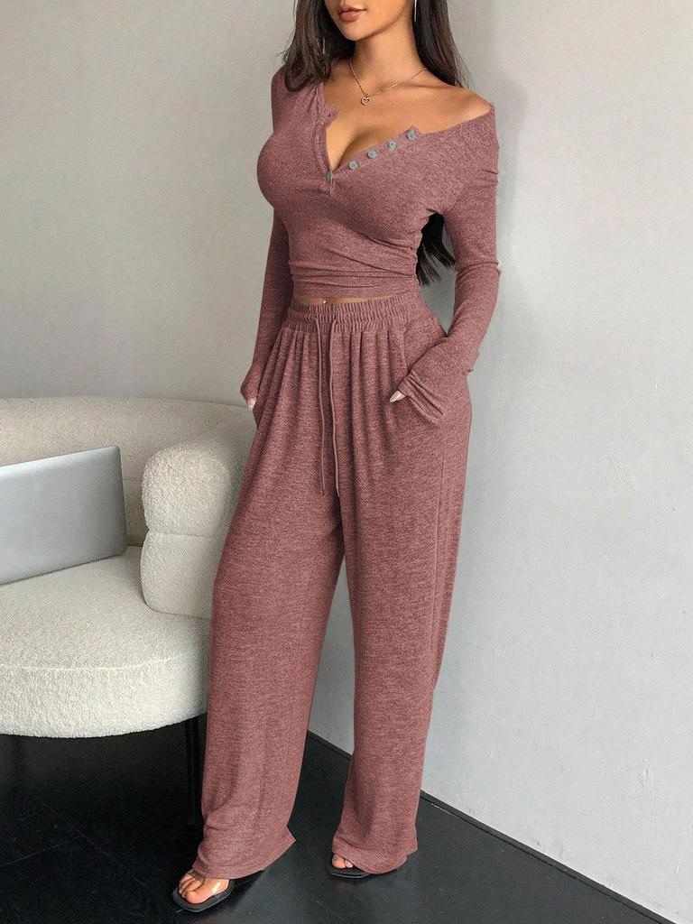 Trendy Autumn/Winter V-neck Wide Leg Jumpsuit Set for Women