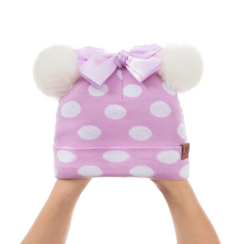 Bow Knot Polka Dot Woolen Hat Scarf Two-piece Set for Autumn and Winter Girls and Babies, Warm Set
