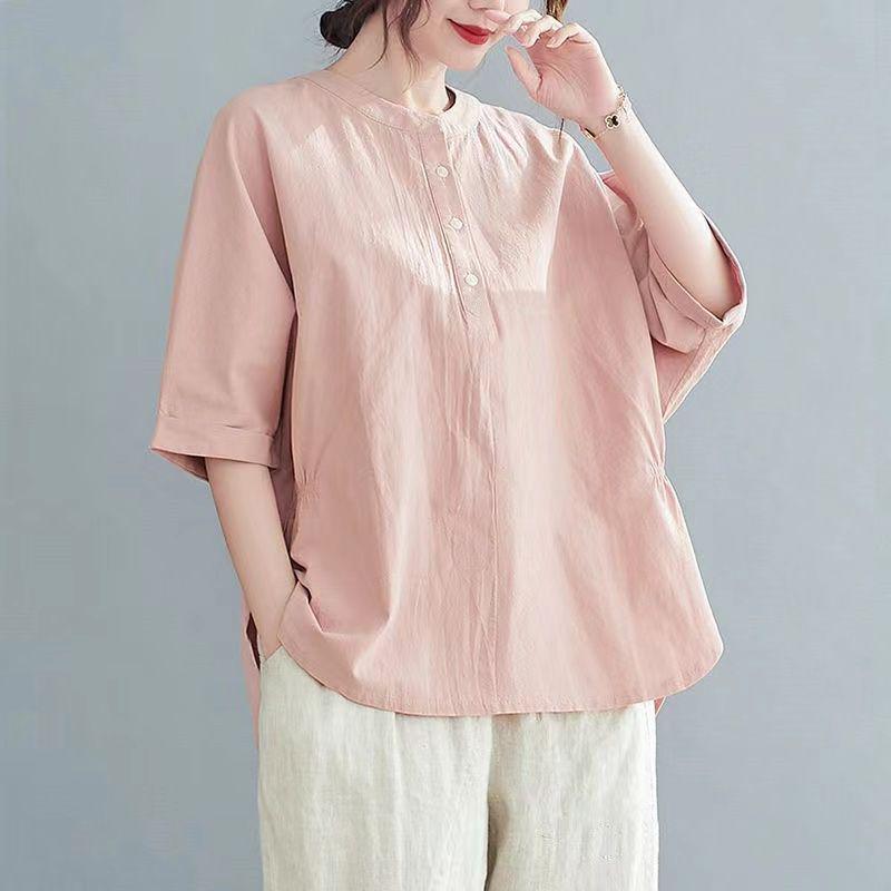 Plus Size Summer Cotton Linen Clothing Set: Short-Sleeved T-shirt Top Two-Piece for Mid-Aged and Elderly Women