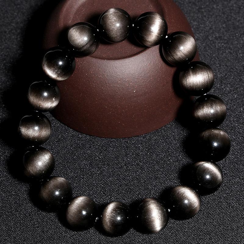Double Eyed Beaded Silver Obsidian Bracelet Fashion Crystal Round Beads Hand String Jewelry