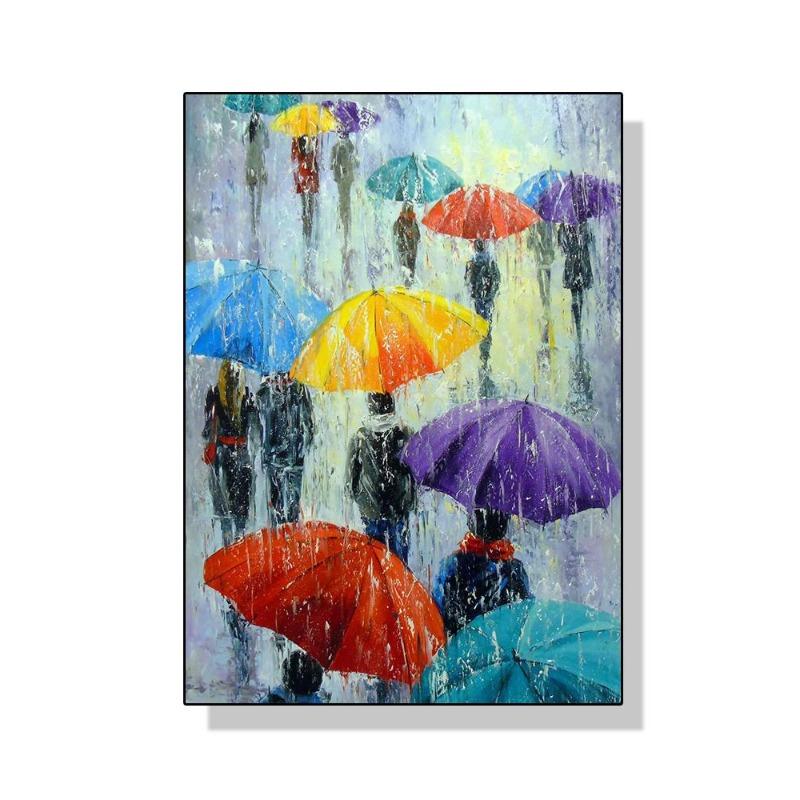 Abstract colourful umbrella landscape in the rain canvas painting oil wall of art for the modern living room home decor cuadros