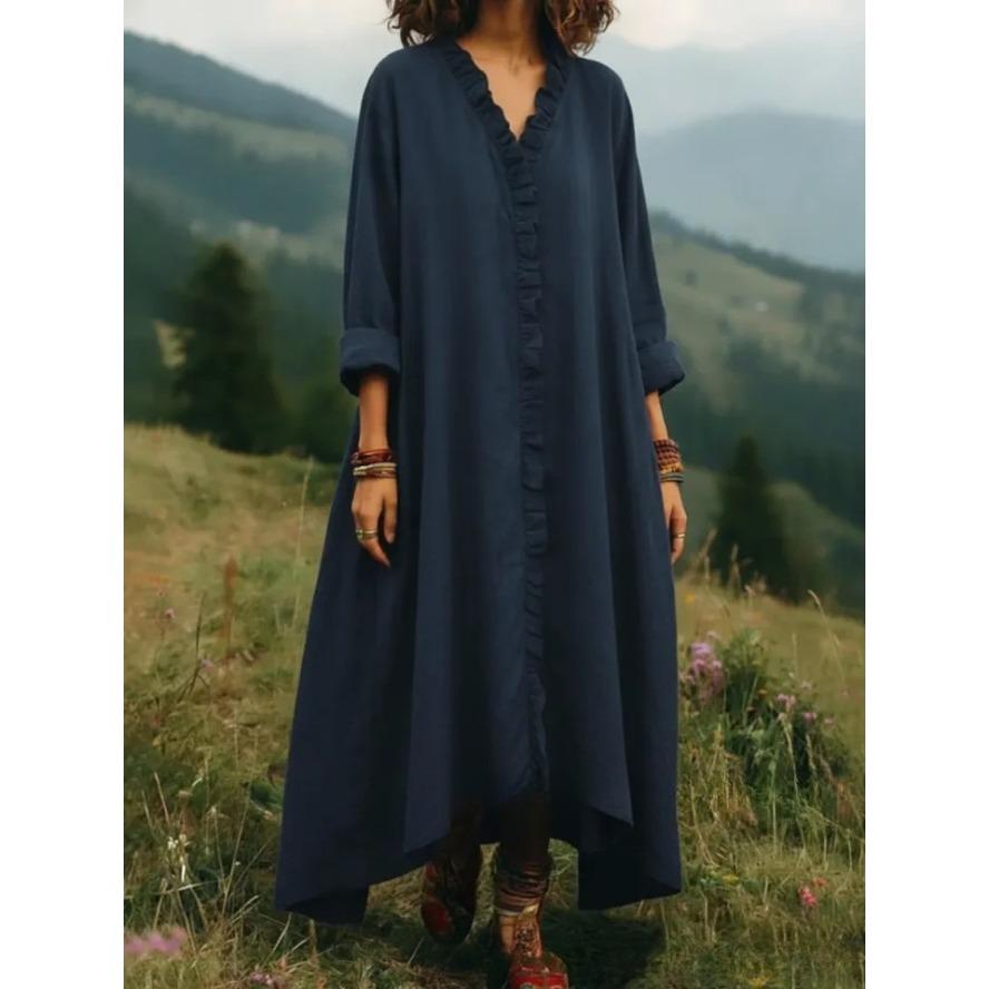 YYFS Moda donna primavera autunno tinta unita stampa manica lunga scollo a V vita larga abiti casual