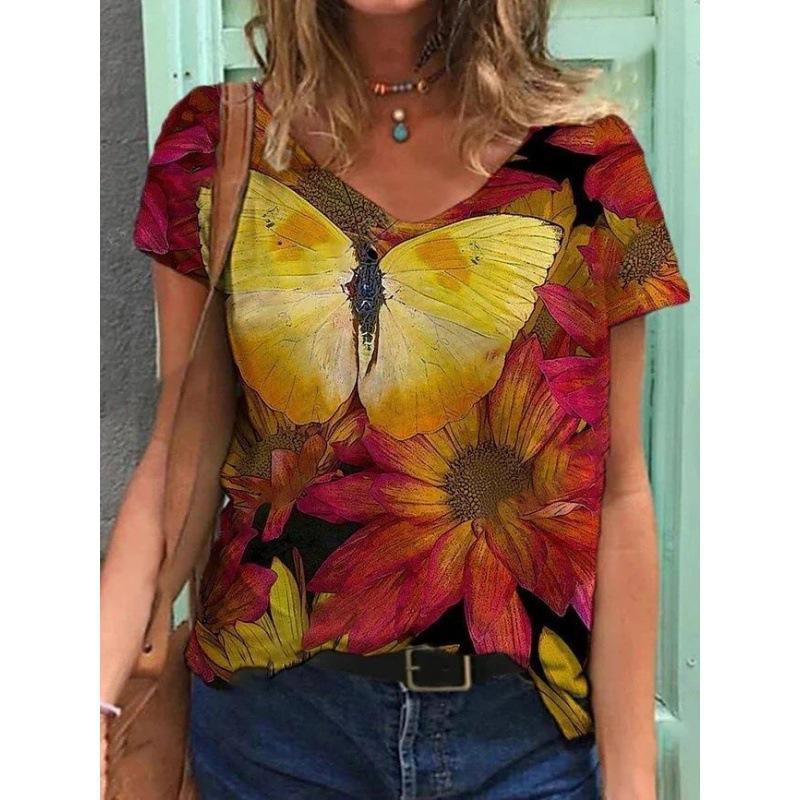 Summer V-neck 3D Flower Butterfly Printed Top Fashionable Casual Short Sleeved Women's T-shirts